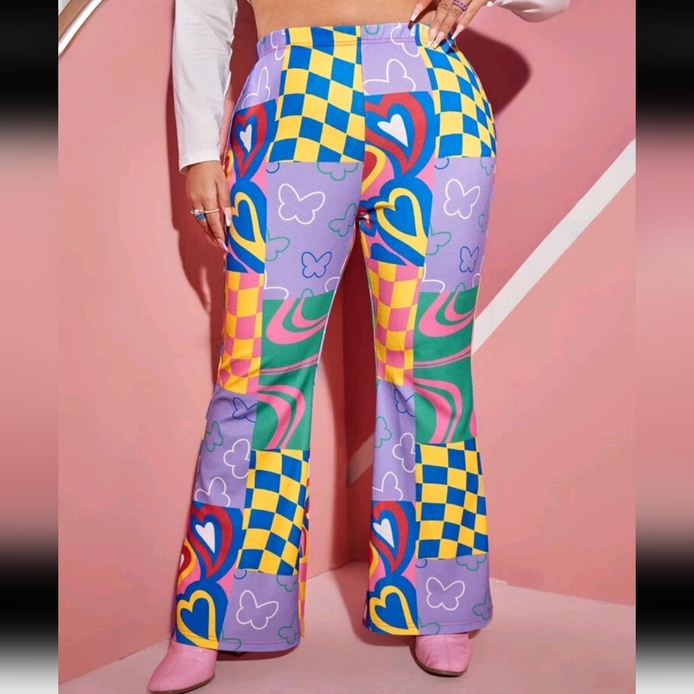 Plus Patchwork Check Print Flare Leg Pants 12 0X NWOT